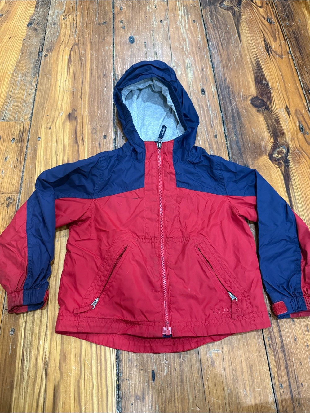 L.L. Bean Red and Navy Kids Hooded Rain Jacket Size 4T